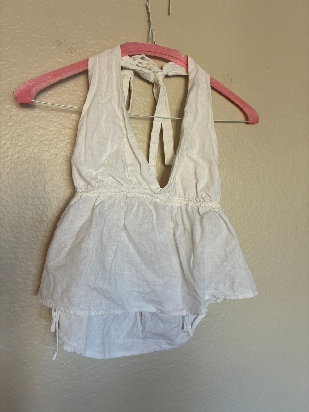 Linen-Blend Cotton On White Halter Peplum Tie-Back Babydoll Halter Tank Top Y2K - Picture 2 of 8
